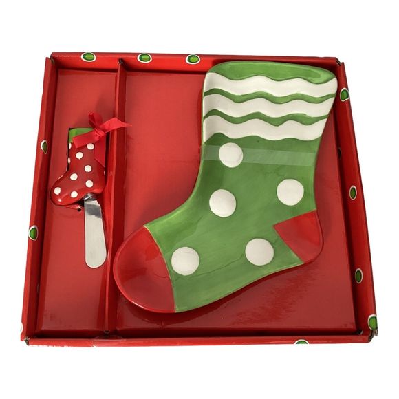 Mud Pie Stocking Shaped Cheese Plate And Spreader - Picture 1 of 2